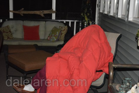 Dad keeping warm on back porch during owlet watch.